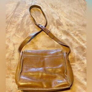 Vintage 1980s Perry Ellis Cognac Leather Shoulder Bag w/ Mini Strap/Belt